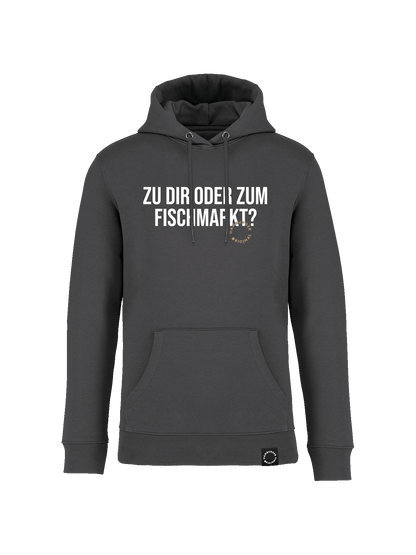 Hoodie aus Bio-Baumwolle "Zu Dir oder zum Fischmarkt?"